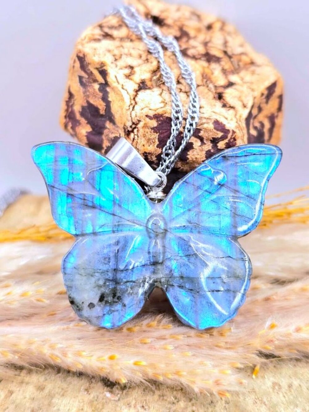 Natural Labradorite Butterfly Pendant Necklace โข Strong Blue Flash โข 1.4" Carved